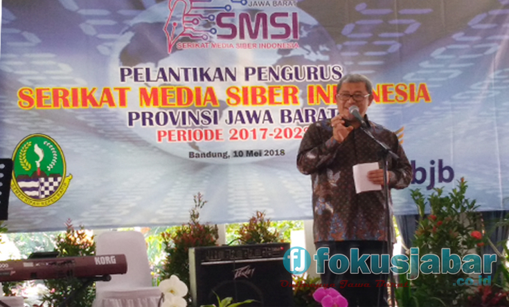 Gubernur Jabar Ahmad Heryawan saat memberikan sambutan di acara pelantikan pengurus SMSI Jabar, Kamis (10/5/2018) di Gedung Negara Pakuan (Foto LIN)