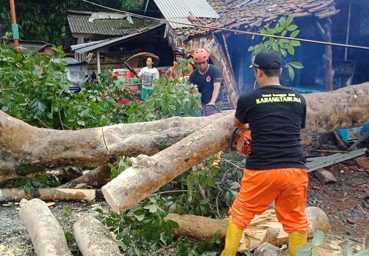 Petugas BPBD Kota Banjar bersama warga, TNI dan Polri mengevakuasi pohon yang menghalangi jalan (Foto Agus)