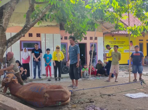 Warga melaksanakan pemotongan hewan kurban pemberian dari Anggota Komisi XI DPR RI Dapil Jabar X, Agun Gunandjar Sudarsa.