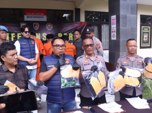 Caption: Kasat Reskrim Polres Banjar, Iptu Heru Samsul Bahri, didampingi Kapolsek Pataruman AKP Hadi Winarso menunjukan barang bukti kasus pengeroyokan