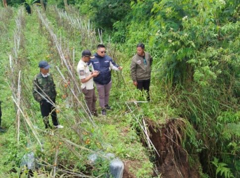 Keterangan Foto : Tim gabungan dari Kecamatan Pasirwangi, UPT PUPR, dan Desa Barusari melakukan asesmen di lokasi longsor yang mengancam Jembatan Penghubung Katomas-Cibaeud, Kampung Baeud, Desa Barusari, pada Kamis (23/10/2025) siang. Longsoran tanah yang menggerus tepi jembatan ini terjadi akibat curah hujan ekstrem, mengancam terputusnya akses perekonomian warga dan area pertanian di sekitarnya. (Foto : Dok. Pemerintah Kecamatan Pasirwangi)
