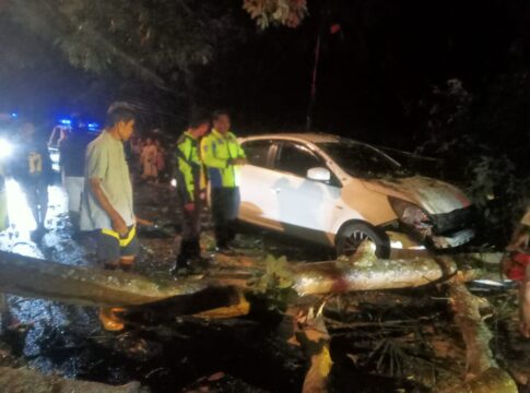 Caption: Petugas gabungan dari Polsek Pataruman Polres Banjar, Sat Samapta Polres Banjar, dan Satuan Lalu Lintas Polres Banjar sedang mengevakuasi pohon yang tumbang