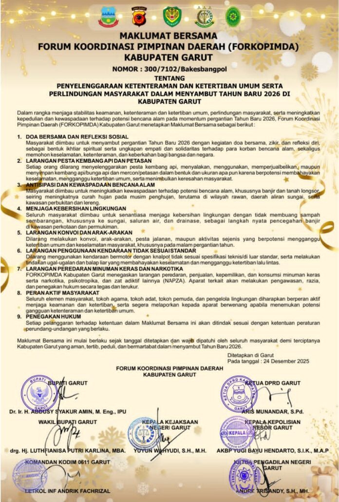 Keterangan : Desain grafis Maklumat Bersama Nomor: 300/7102/Bakesbangpol terkait perayaan malam pergantian tahun baru 2026