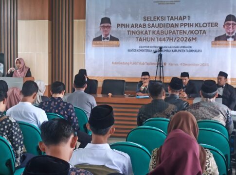 Kepala Kemenhaj Kabupaten Tasikmalaya, Hj. Iin Ufairoh, S.Ag, M.Pd.I, menyampaikan sambutan pada kegiatan seleksi calon Petugas Penyelenggara Ibadah Haji (PPIH) Arab Saudi dan calon PPIH Kloter tahun 1447 H/2026 M.