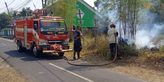 Ketpot : Personel Damkar UPTD Ciamis saat memadamkan lahan terbakar di Ek Asrama Kompi C Zipur 3 CIAMIS, FOKUSjabar.id
