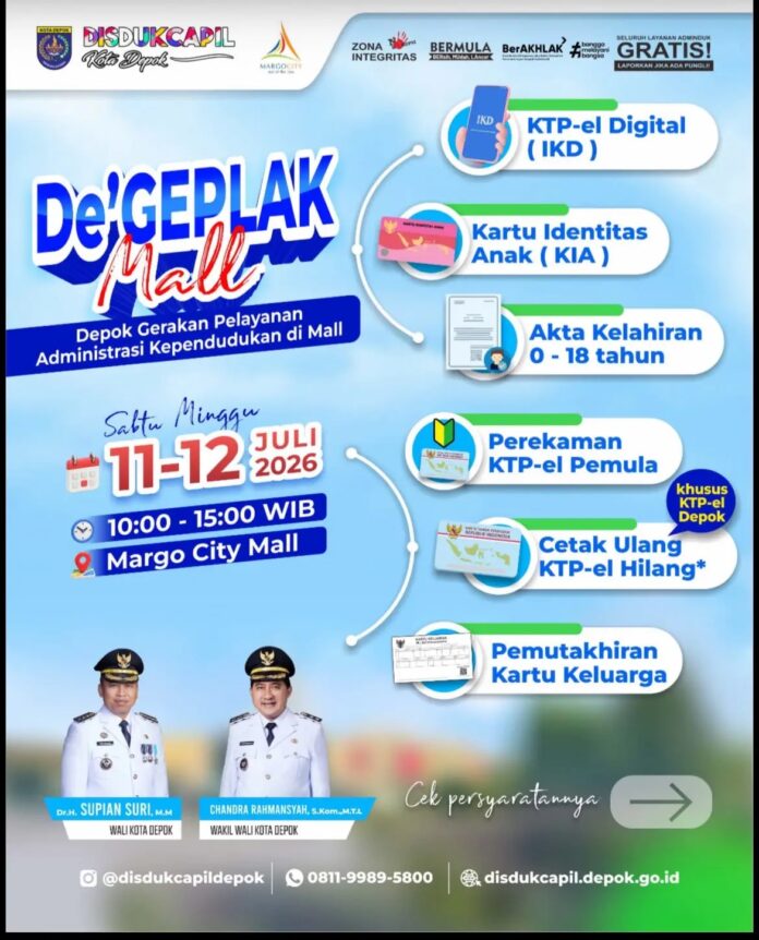 Flyer layanan Disdukcapil Kota Depok. Sumber Gambar: depok.go.id DEPOK, FOKUSJabar.id
