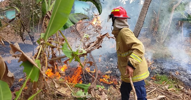 Ketpot istimewa : Personel Damkar pos WMK Banjarsari saat memadamkan api di lahan kebun belakang SMPN 2 Banjarsari CIAMIS, FOKUSJabar.id
